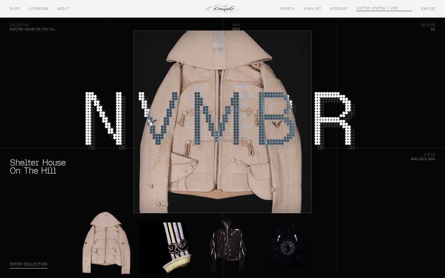 NVMBR homepage hero: collection title, year, object count and status set like a museum label