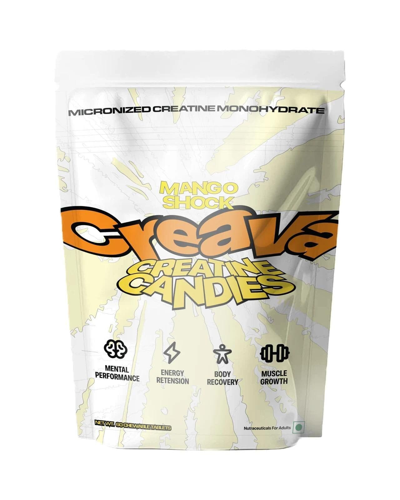 Creava Mango Shock pouch, front: Creava wordmark, Creatine Candies lockup and benefit icons
