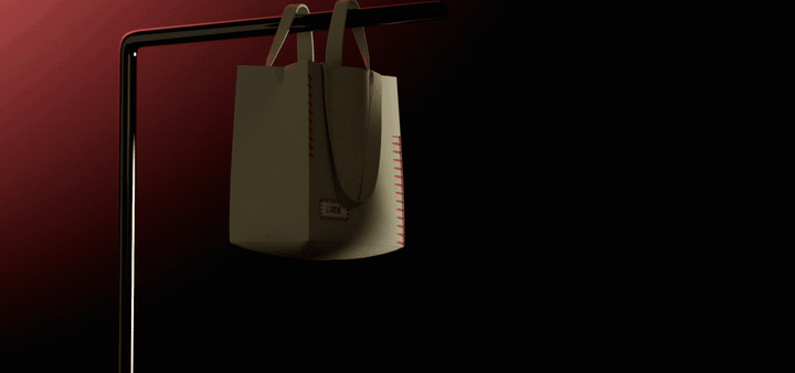 The tote animation, pushing in to the stitched label